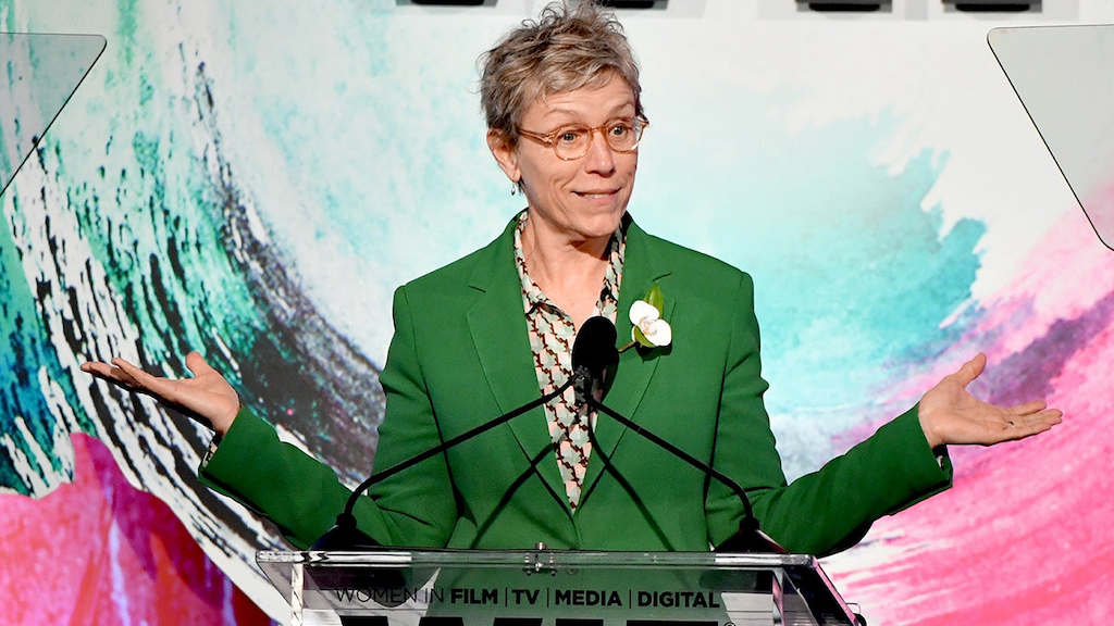 Frances McDormand green pantsuit Crystal and Lucy Awards