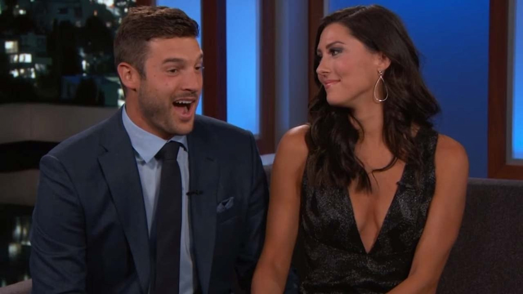 Becca Kufrin and her new fiancé, Garrett Yrigoyen on Jimmy Kimmel Live on Aug. 6