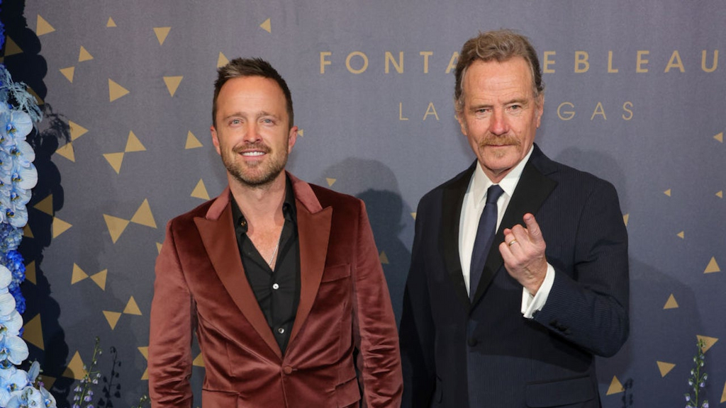 Aaron Paul (L) and Bryan Cranston attend the grand opening of Fontainebleau Las Vegas on December 13, 2023 in Las Vegas, Nevada. 