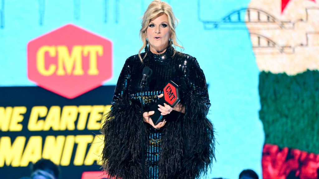 Trisha Yearwood wins the June Carter Humanitarian Award onstage at the 2024 CMT Music Awards held at the Moody Center