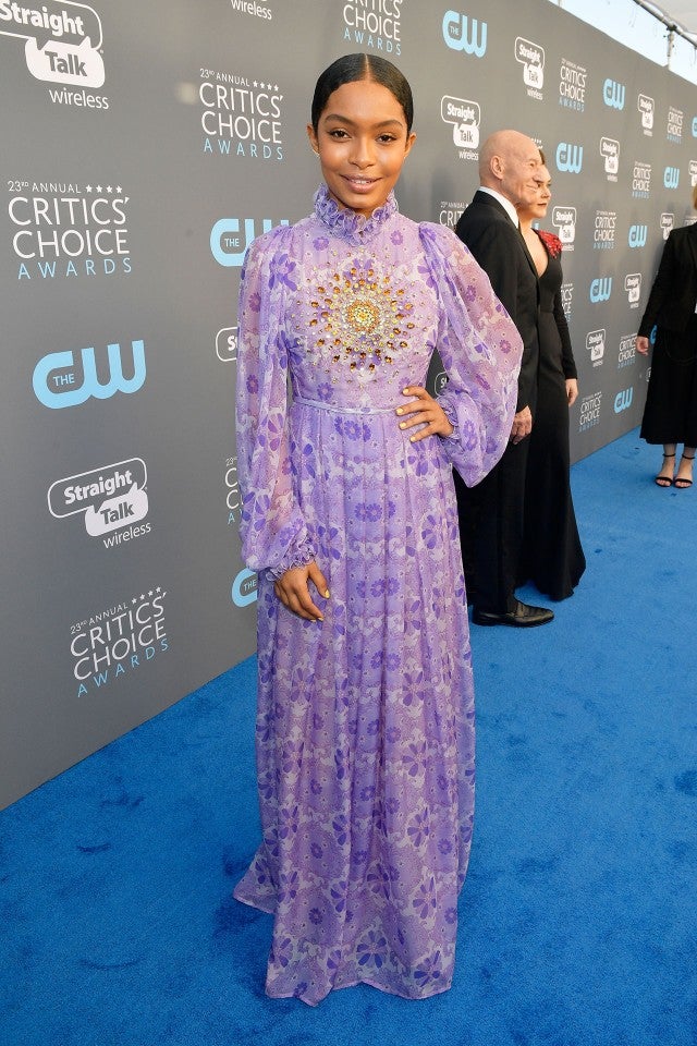 slim fit dress slacks Yara Shahidi 2024 Oscars After Party Lace Dress