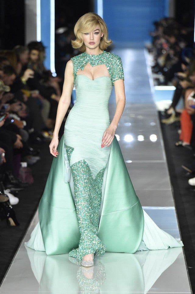 gigi hadid blue dress runway Gigi Hadid Walks Her First-Ever Prada Show in Milan