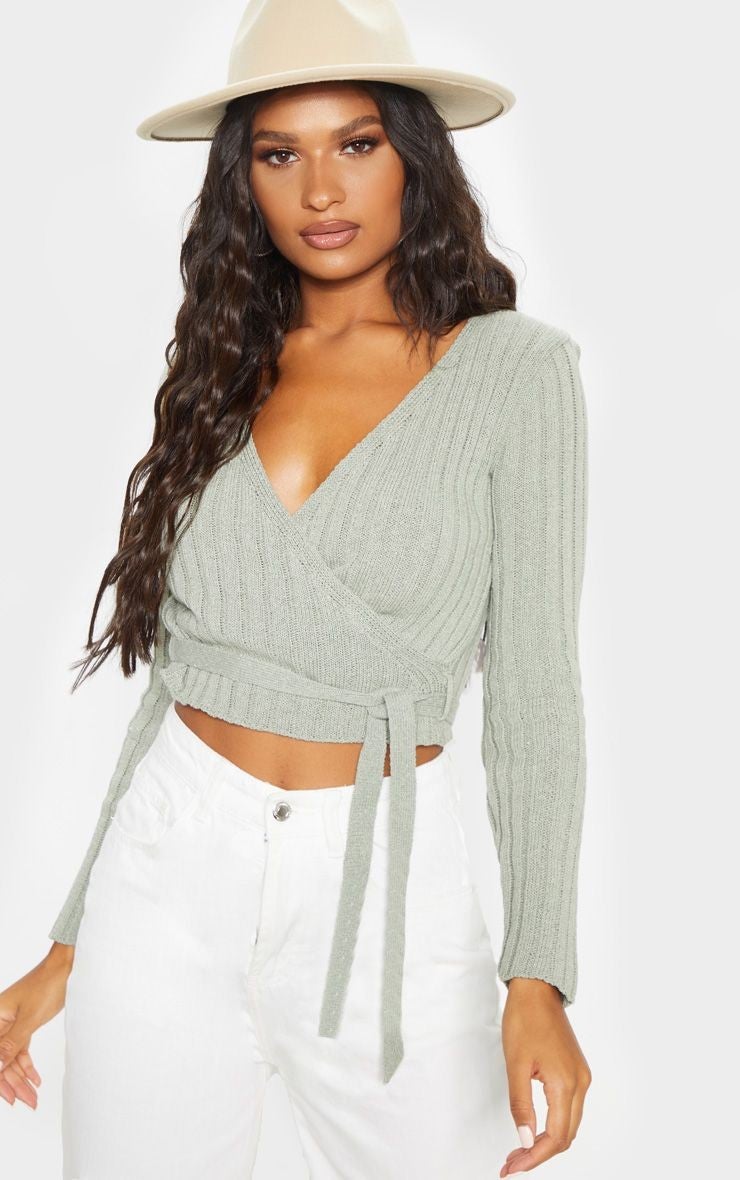PrettyLittleThing Sage Ribbed Knit Wrap Top