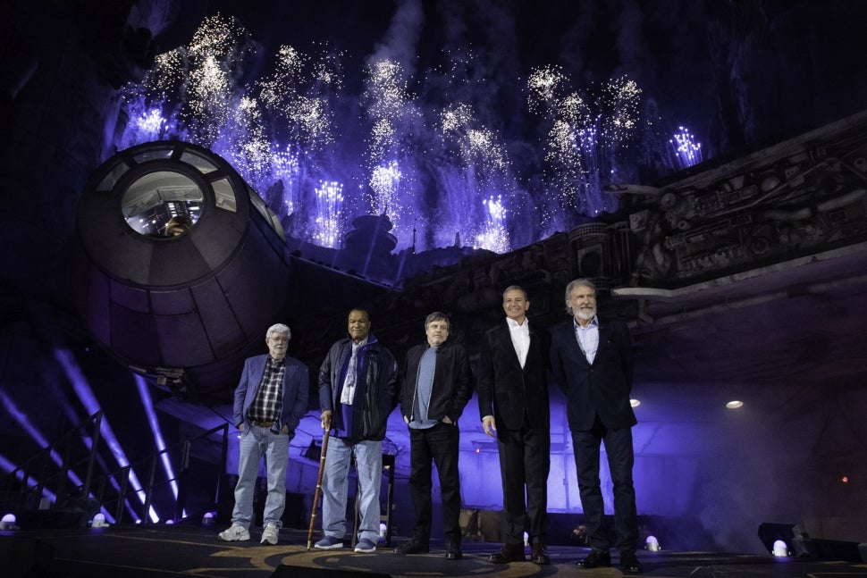 George Lucas, Billy Dee Williams, Mark Hamill, Bob Iger and Harrison Ford at the premiere of Disneyland's Galaxy's Edge.