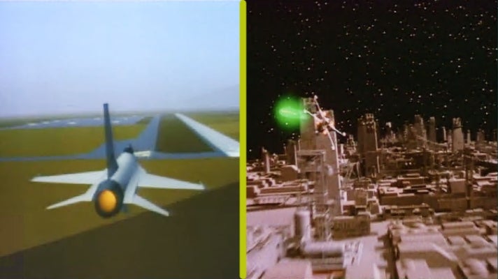 Left: Flight simulator animation from the original ride system. Right: an image from the Star Tours viewscreen experience. 