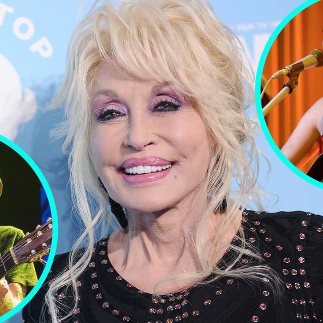 Dolly Parton with Willie Nelson (inset right) and Kacey Musgraves (inset left).