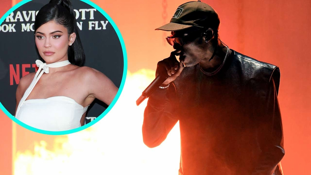 Travis Scott at the 2019 AMAs with Kylie Jenner (inset)