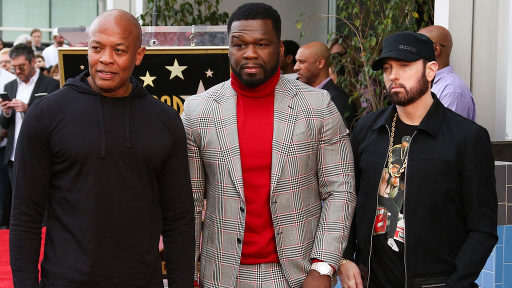 Dr. Dre, Curtis "50 Cent" Jackson and Eminem at a ceremony honoring Curtis "50 Cent" Jackson with a star on the Hollywood Walk of Fame