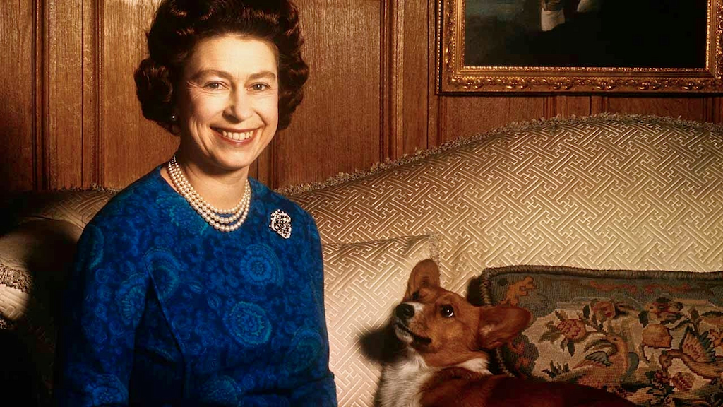 Queen Elizabeth II smiles radiantly during a picture-taking session in the salon at Sandringham House. Her pet dog looks up at her. 