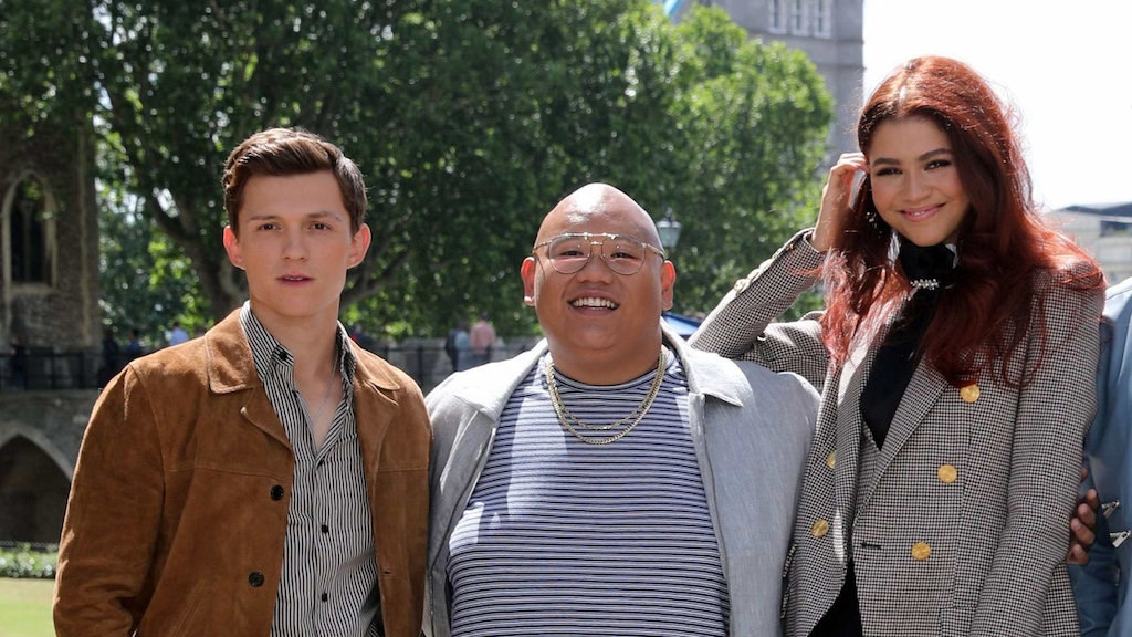 Tom Holland (L), Jacob Batalon (2L), Zendaya (C), Jake Gyllenhaal (2R) and director Jon Watts pose during a photocall for their latest film 'Spider-Man: Far From Home' at the Tower of London, backdropped by London's Tower Bridge, in London