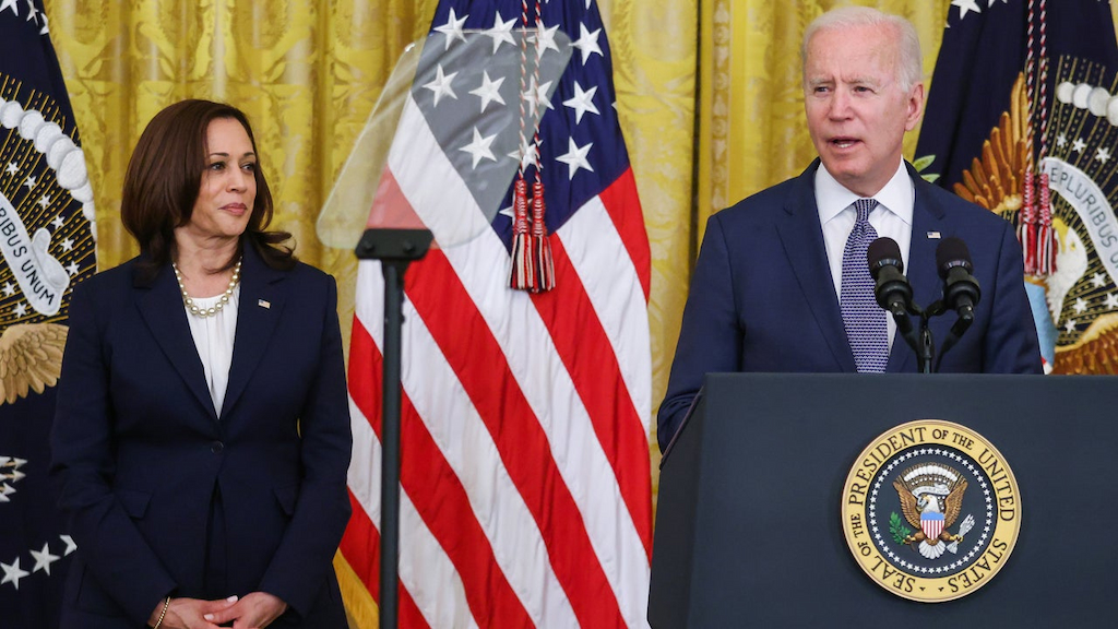 U.S. President Joe Biden speaks beside U.S. Vice President Kamala Harris before signing the Juneteenth National Independence Day Act during a ceremony in the East Room of the White House in Washington, D.C., U.S., on Thursday, June 17, 2021. Biden signed the legislation that will make June 19 a federal holiday commemorating the end of slavery in the United States after the House and Senate passed the bill in votes earlier this week.
