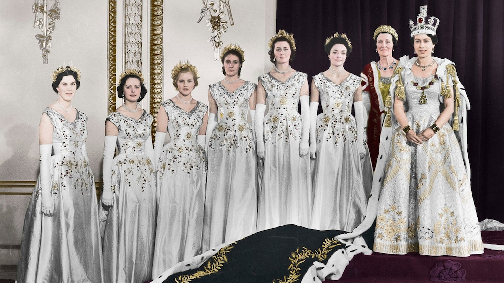 Queen Elizabeth II with her maids of honour, Green Drawing Room, Buckingham palace, 2nd June 1953. 