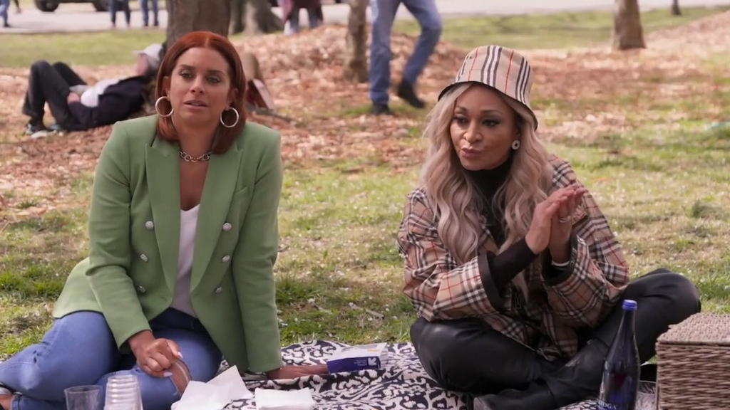 Robyn Dixon and Karen Huger in a scene from season 7 of The Real Housewives of Potomac