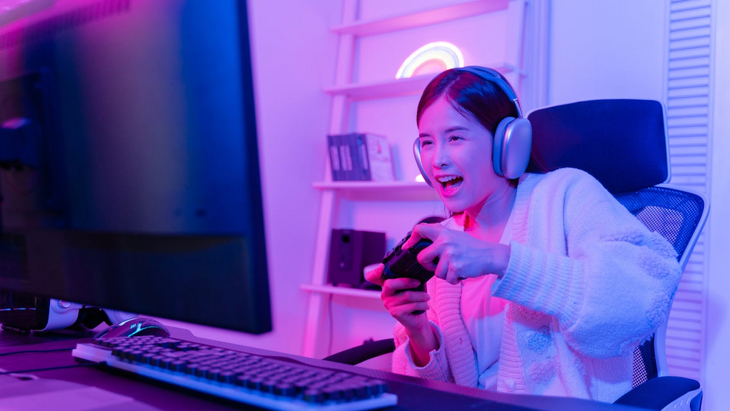 Woman wearing headset and playing game
