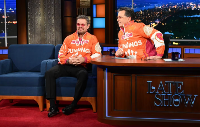 Matt Damon and Stephen Colbert donned DunKings tracksuit jackets on Tuesday's episode of "The Late Show." 
