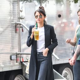 PIC: Selena Gomez Continues Chic Streak in NYC in Pinstripe Trench Coat and Flared Jeans -- See the Trendy Look!