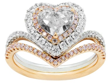Double Halo Heart Engagement Ring, White Diamond, White and Rose Gold