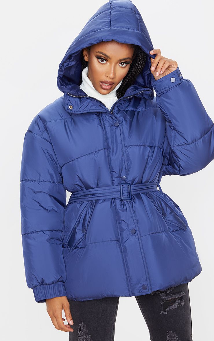PrettyLittleThing Navy Belted Puffer