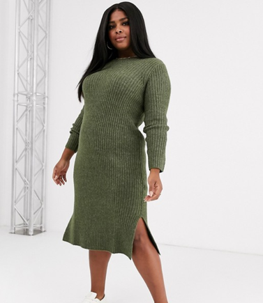 Curve Knitted Midi Dress with Side Split in Khaki 