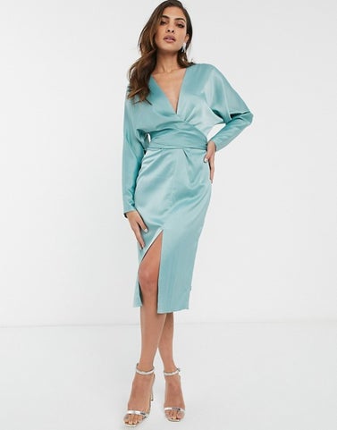Midi Dress with Batwing Sleeve and Wrap Waist in Satin