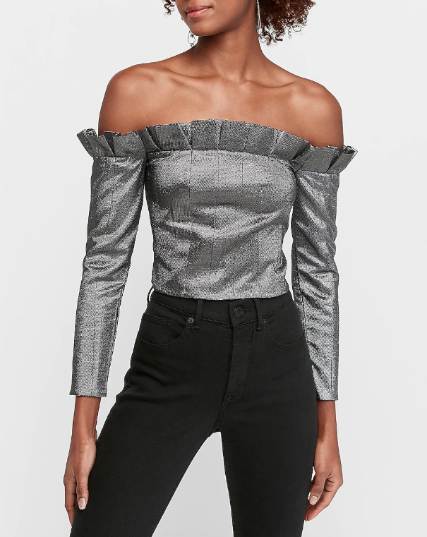 Express Metallic Ruffle Off The Shoulder Cropped Top