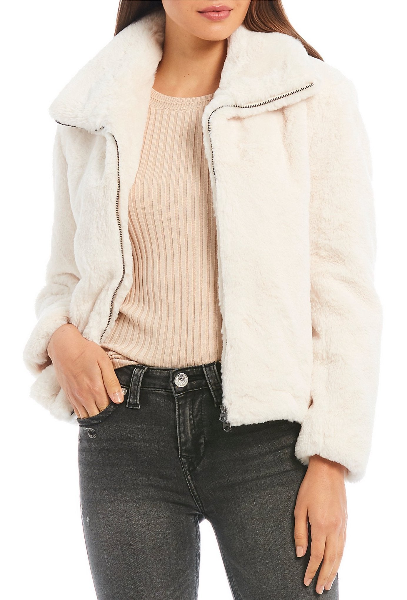 French Connection Buona Faux Fur Zip Front Coat