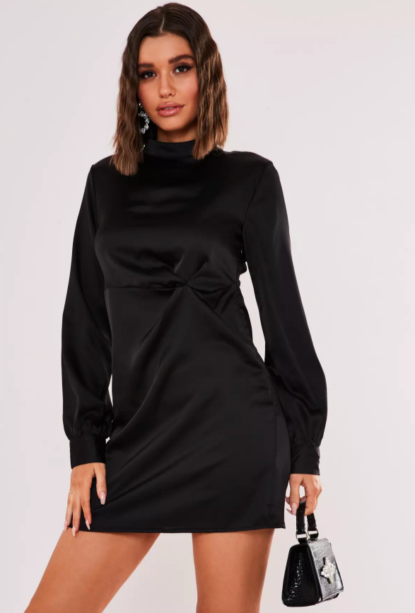 Missguided Black Satin Twist Front High Neck Mini Dress