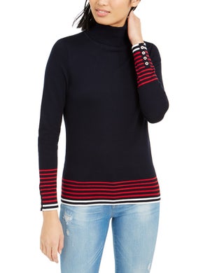 Striped-Hem Button-Sleeve Turtleneck Sweater