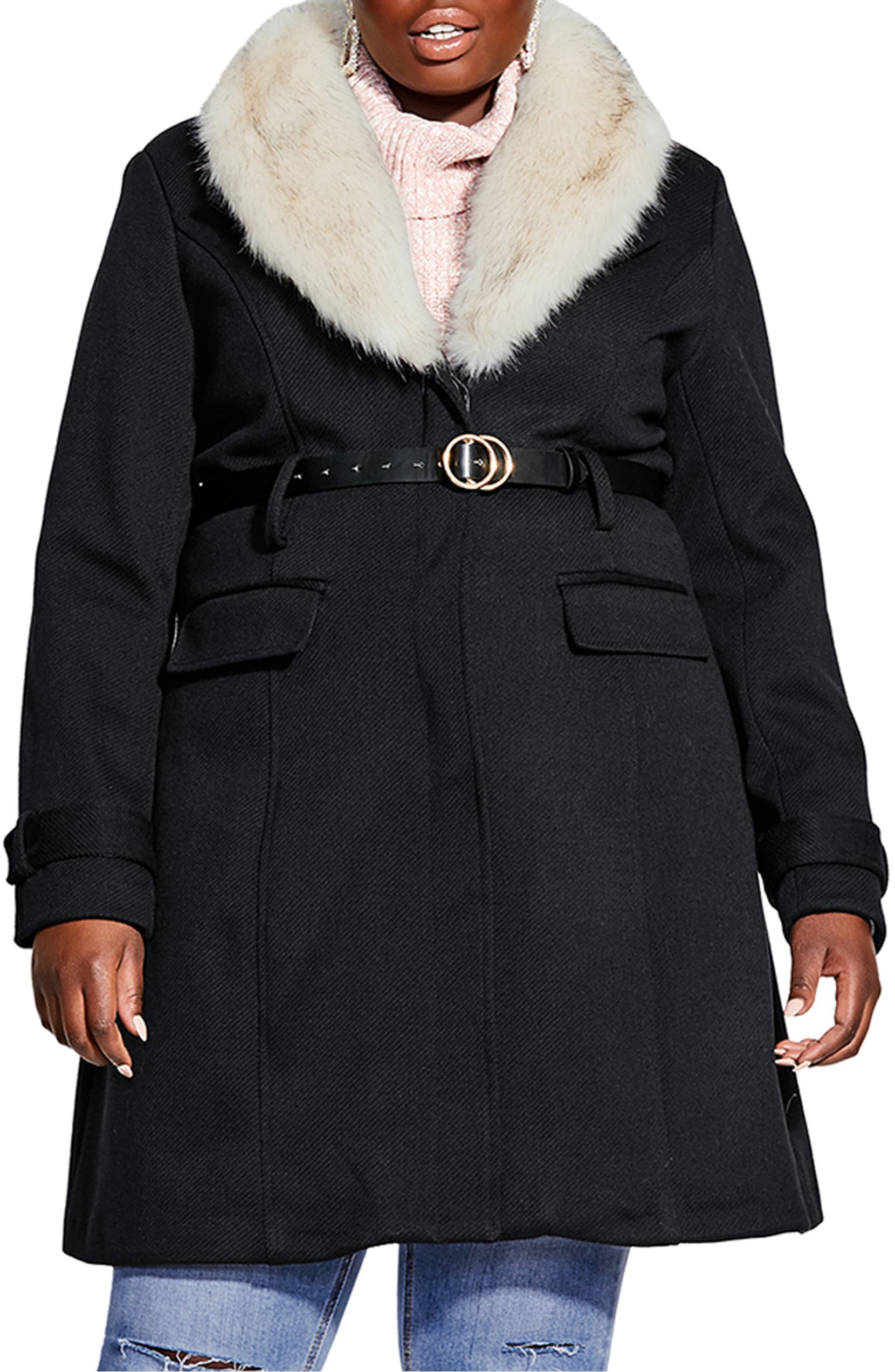 City Chic Belted Jacket with Faux Fur Collar