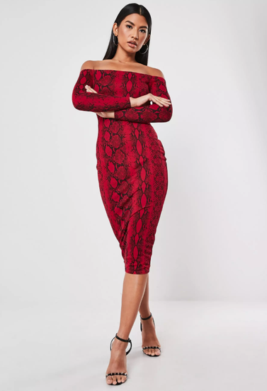 Red Snake Print Long Sleeve Bardot Midi Dress