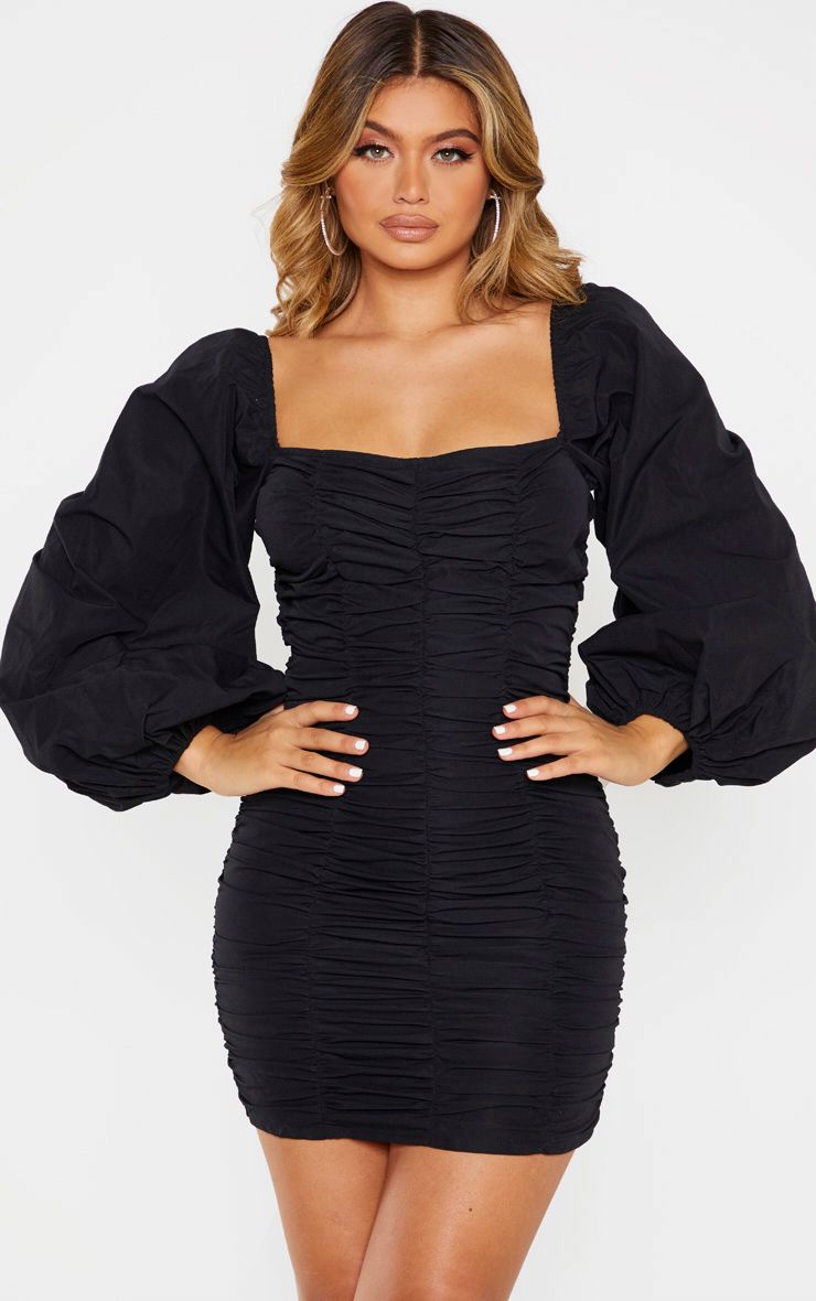 PrettyLittleThing Black Balloon Sleeve Ruched Bodycon Dress