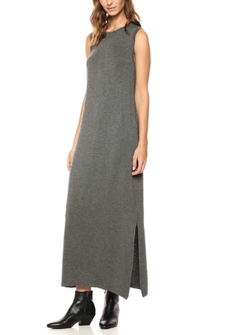 Jersey Crewneck Muscle Sleeve Maxi Dress With Side Slit