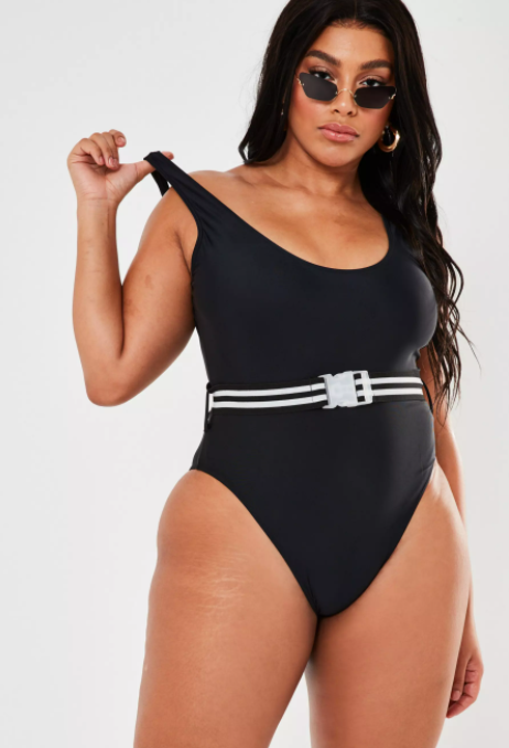 Plus Size Black Belted High Leg Scoop Swimsuit