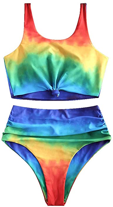 ZAFUL Women's Scoop Neck Knot Ruched Rainbow Tie Dye Two Pieces Swimsuit