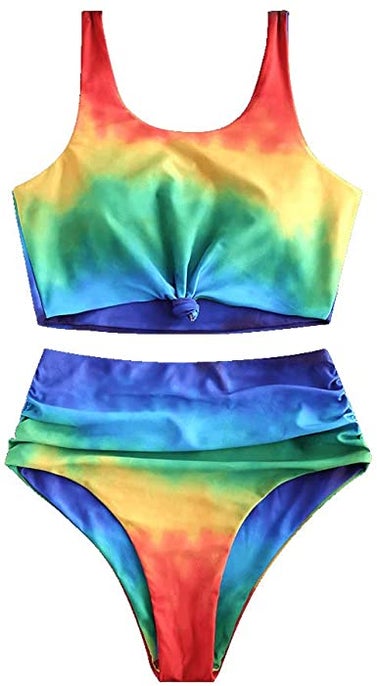 Women's Scoop Neck Knot Ruched Rainbow Tie Dye Two-Piece Swimsuit