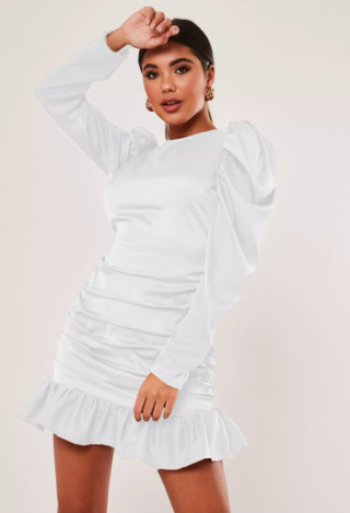 White Satin Puff Sleeve Ruched Mini Dress
