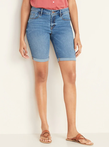 Mid-Rise Cuffed Bermuda Slim Jean Shorts