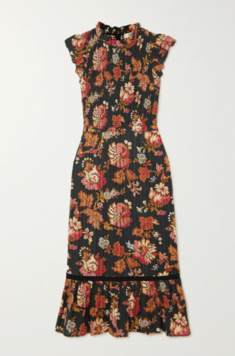 Sea Pascale Ruffled Shirred Floral-Print Cotton-Voile Midi Dress