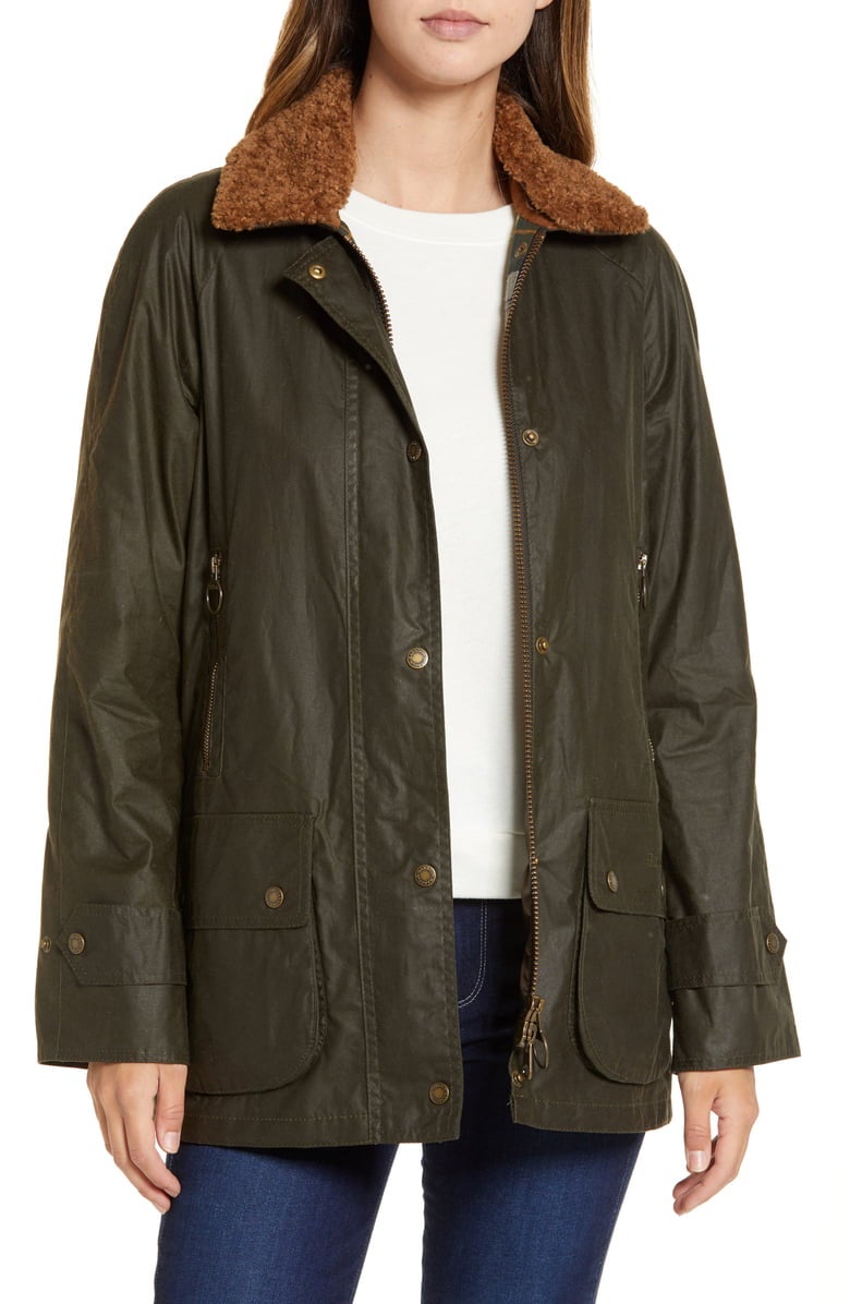 Barbour Goodwood Waxed Cotton Rain Jacket with Faux Shearling Trim