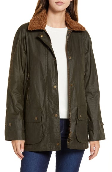 Goodwood Waxed Cotton Rain Jacket with Faux Shearling Trim