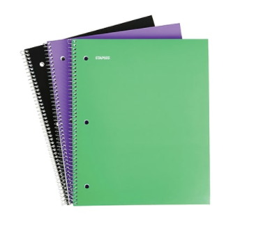 Staples 1 Subject Notebook, 8.5" x 11", College Ruled, 100 Sheets, Assorted, 3/Pack 