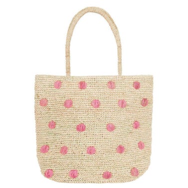 15" Polka Dot Embroidered Raffia Tote Bag