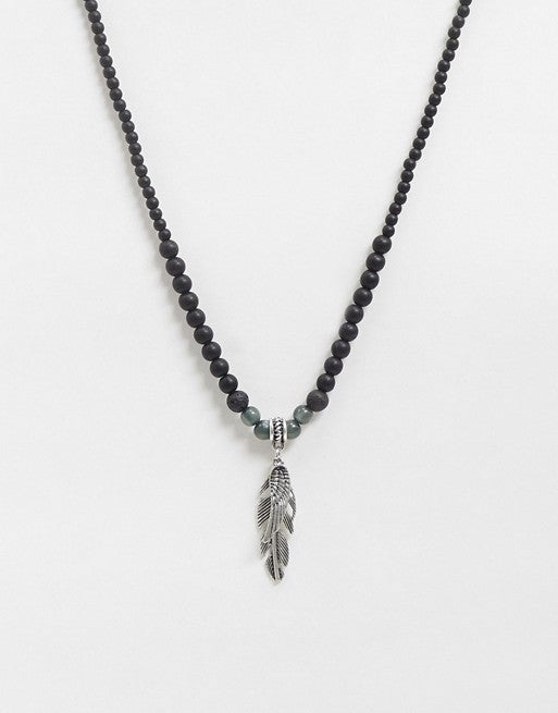 ASOS Slim Beaded 4mm Neckchain with Burnished Silver Wing Charm in Black