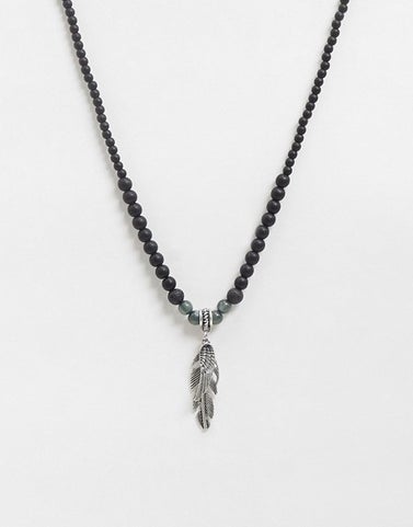 Slim Beaded 4mm Neckchain with Burnished Silver Wing Charm in Black