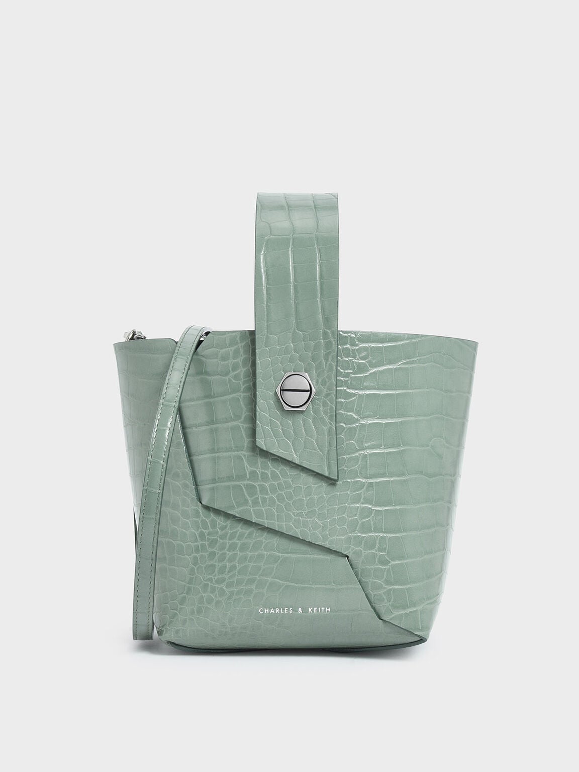 Croc-Effect Wristlet Handle Bucket Bag