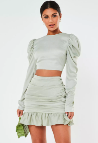 Mint Co Ord Satin Puff Sleeve Crop Top & Satin Ruched Frill Mini Skirt