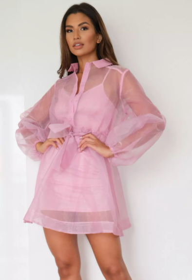 Missguided Pink Organza Long Sleeve Skater Shirt Dress