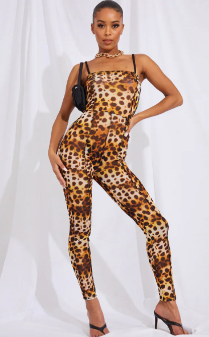 PrettyLittleThing Tan Leopard Print Seam Detail Strappy Mesh Jumpsuit