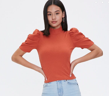 Ribbed Turtleneck Puff-Sleeve Top