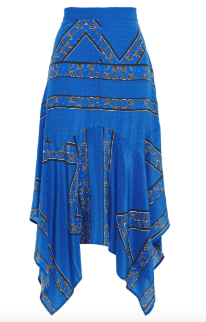 Ganni Asymmetric Printed Silk Crepe de Chine Midi Skirt
